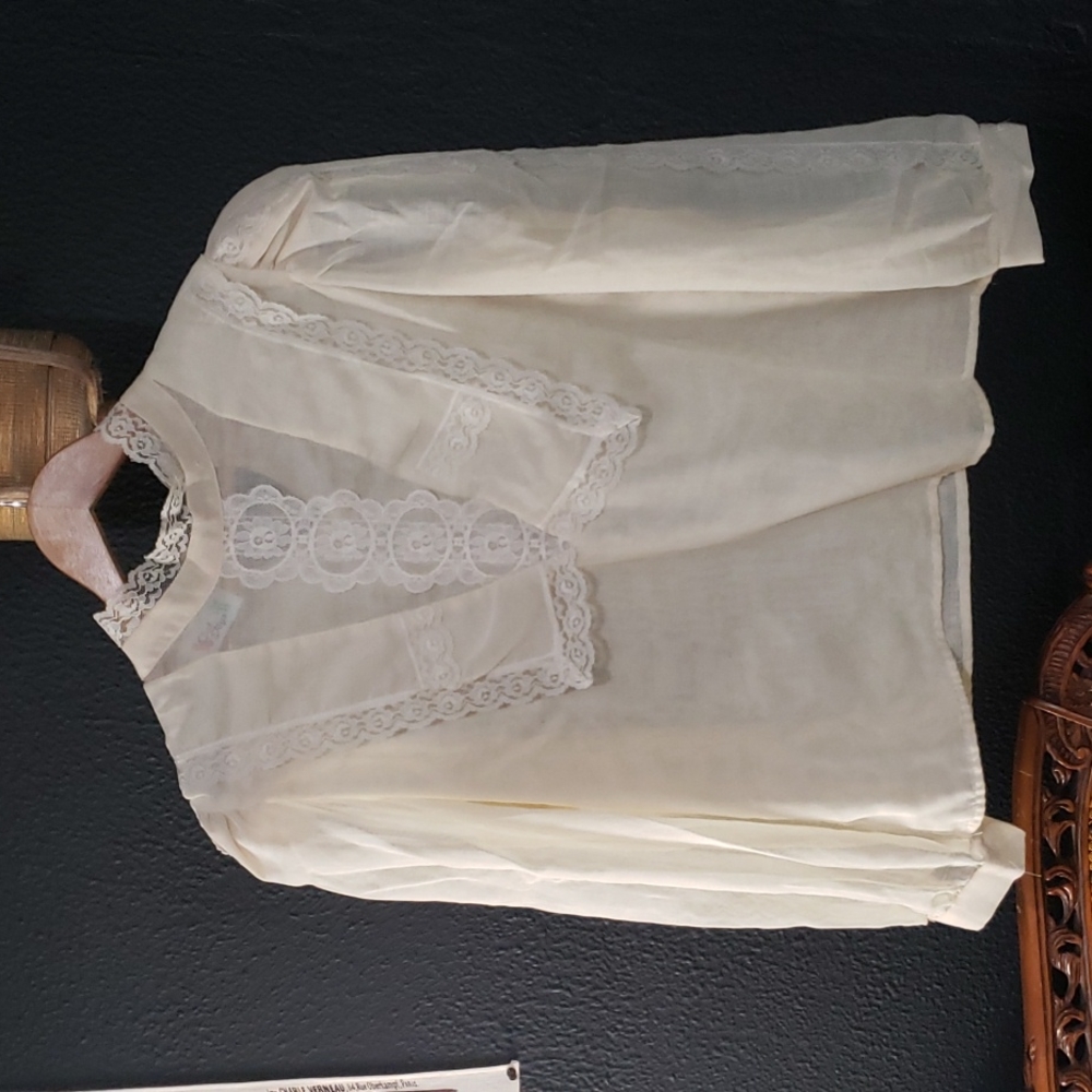 Vintage 1980's Lace Cream Victorian Blouse Semi Sheer